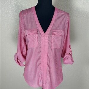 Express Pink Striped V-Neck Button-Down Blouse